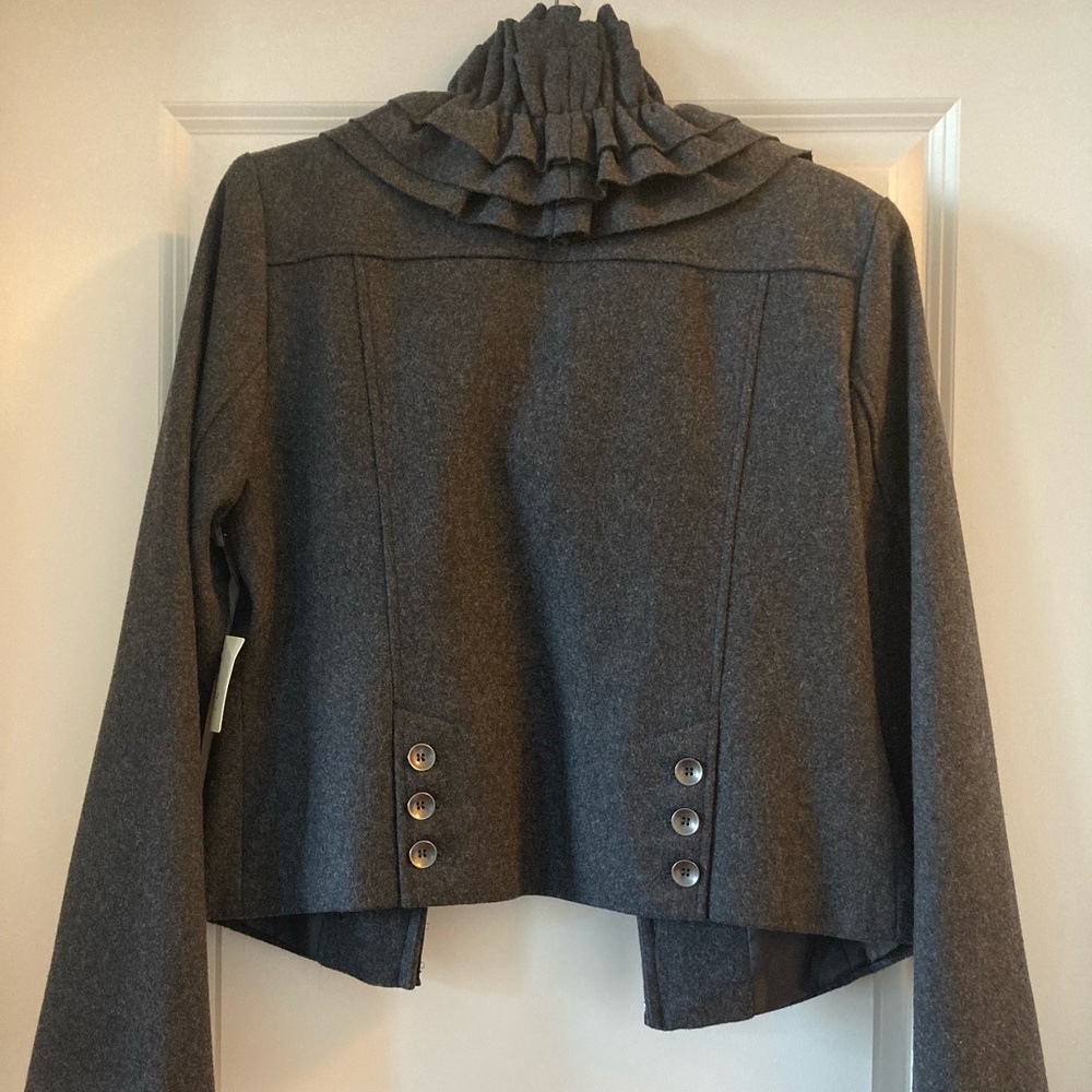 Hinge Grey Ruffle Wool Ruffle Collar Jacket, Size Large - Picture 3 of 3